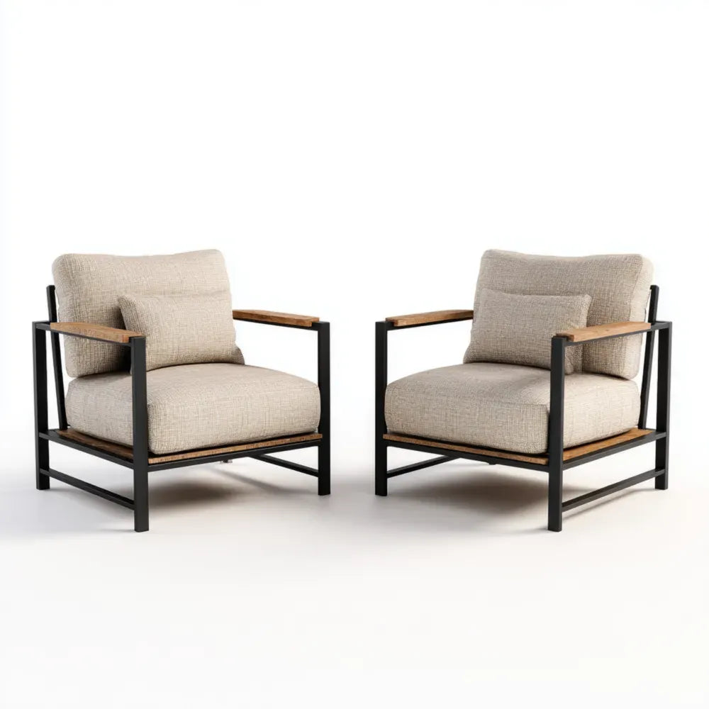 Patio Lounge Chair Set 31.5x29.5x33.5 inches - Metal Frame with Cushions - Beige - Modern Style