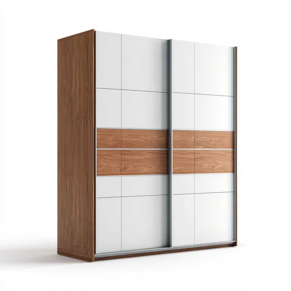 Sliding Door Wardrobe 200x220x60 cm - White/Brown - Modern Wood Finish