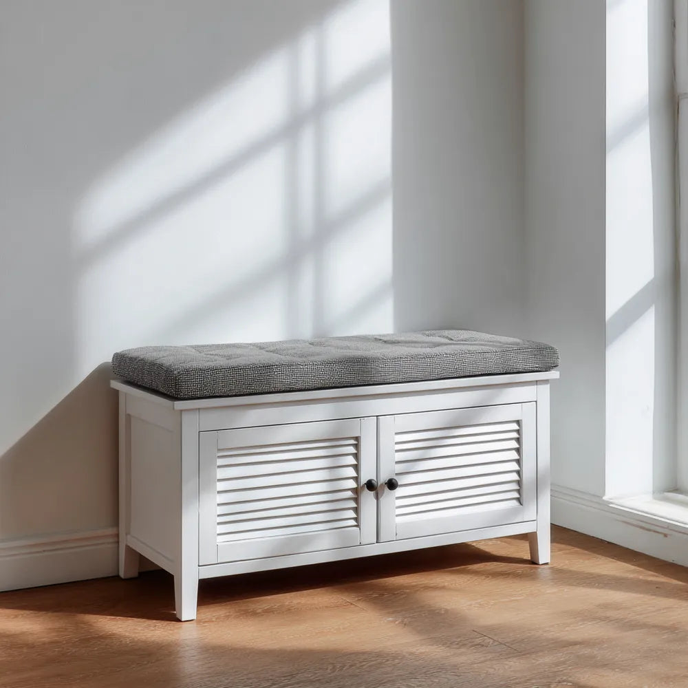 Hall Bench Wooden with Cushioned Seat 90x40x45 cm - White/Grey - Modern Design