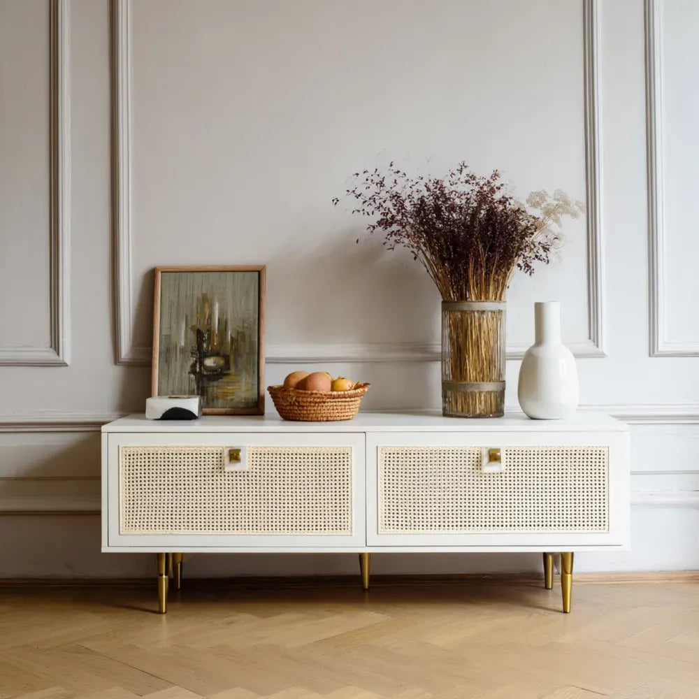 TV Stand Cane Doors 150x45x40 cm - White - Mid-Century Modern