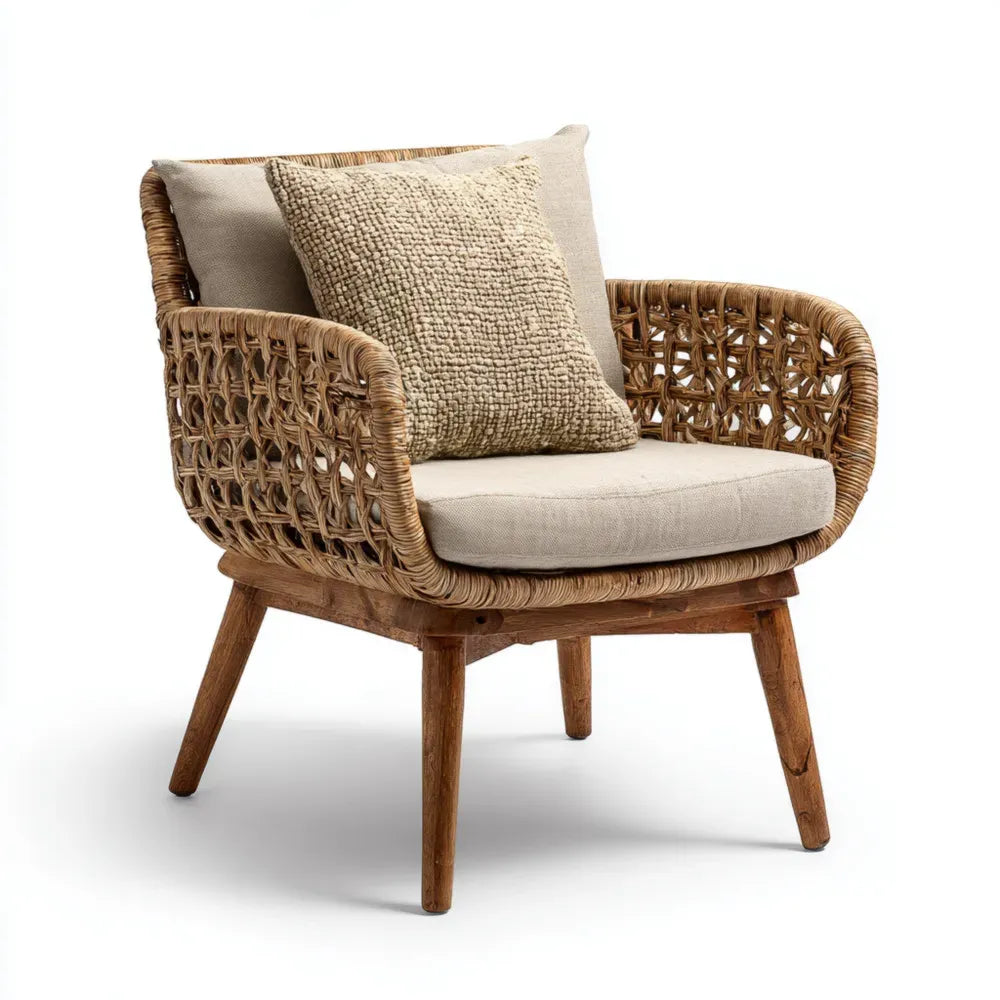 Patio Lounge Chair - Woven Rattan with Cushions - 80x70x75 cm - Natural/Beige
